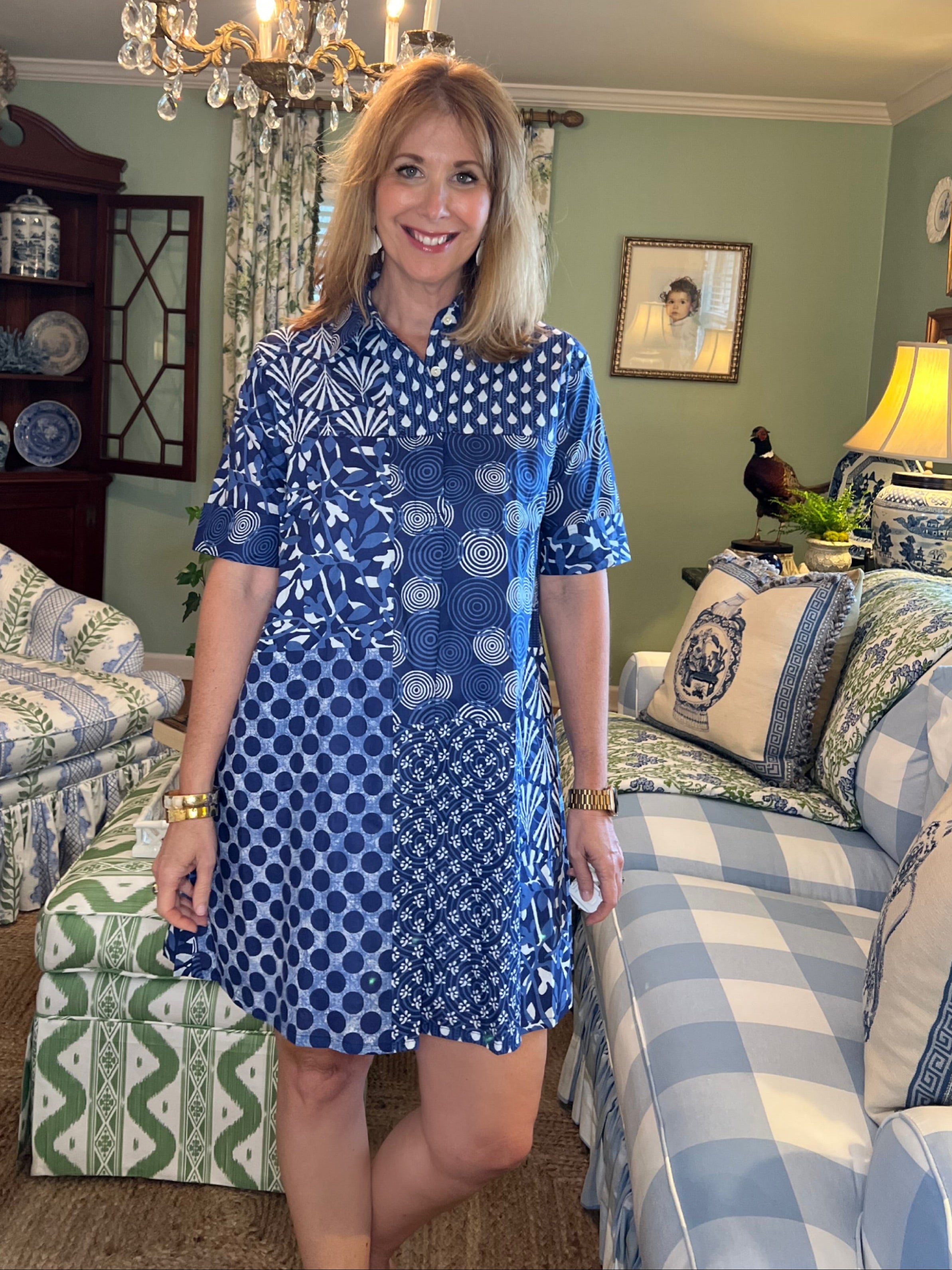 Claudia Collared A-Line Shirt Dress in Navy Patchwork
