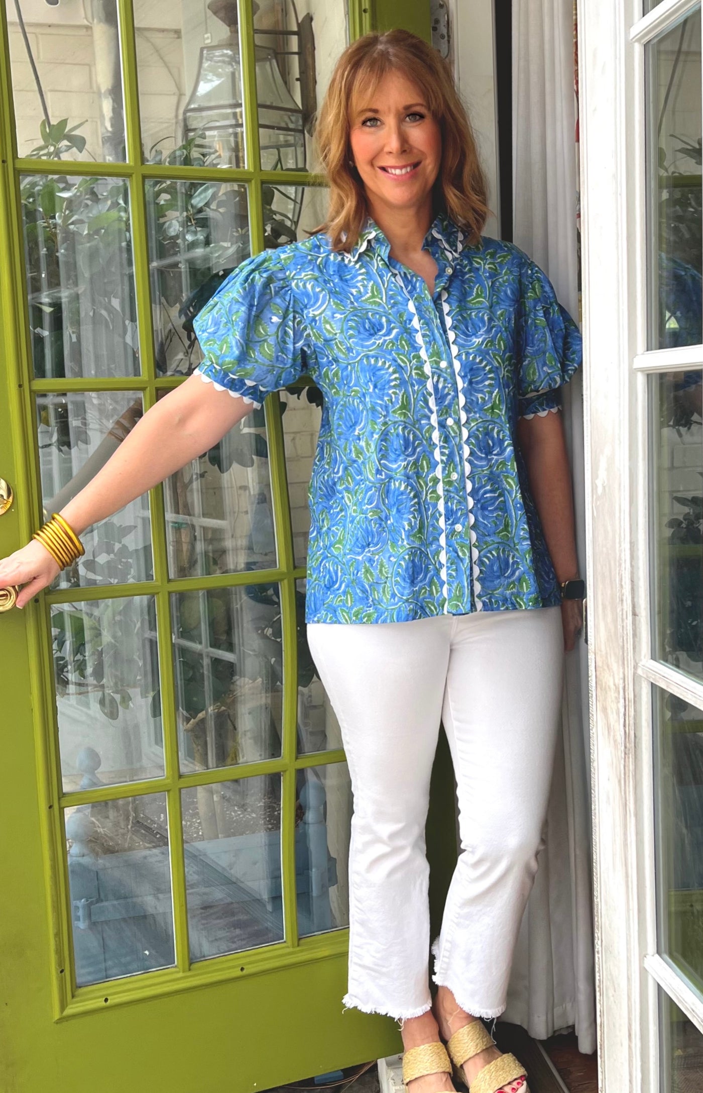 Lainey Block Print Button Down Top