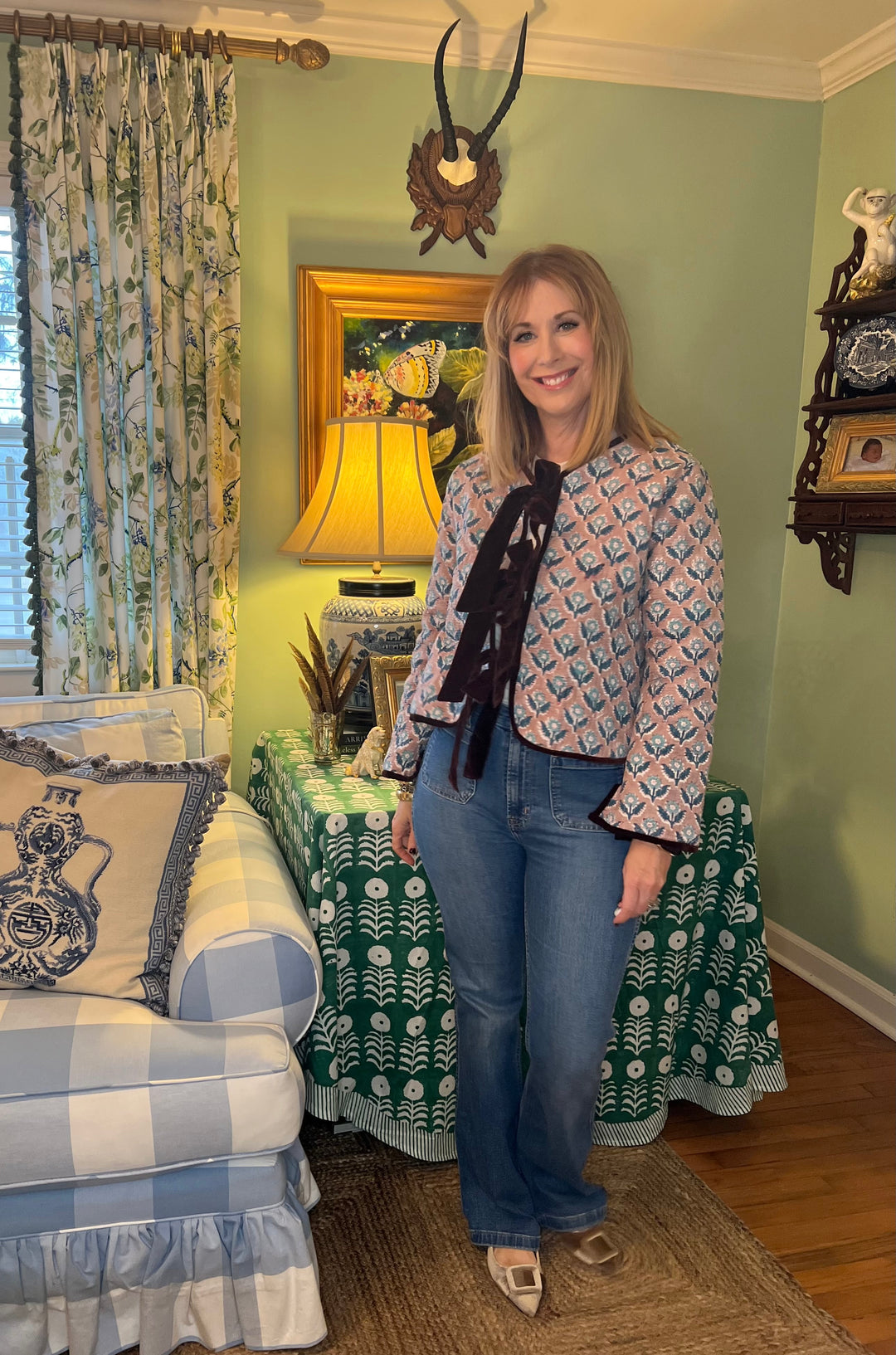 Tatum Quilted Block Print Jacket with Velvet in Blue &amp; Brown |  Jackets - Miss Madigan | Women&