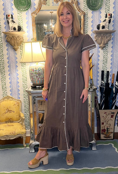 Heather Collar Blockprint Maxi Dress in Brown
