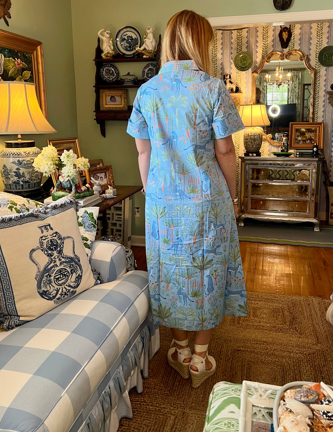 Aerin Block Print Cuffed Midi Dress in Blue Jungle |  Dress - Miss Madigan | Women&