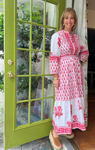 Oxford Block Print Maxi Dress in Red