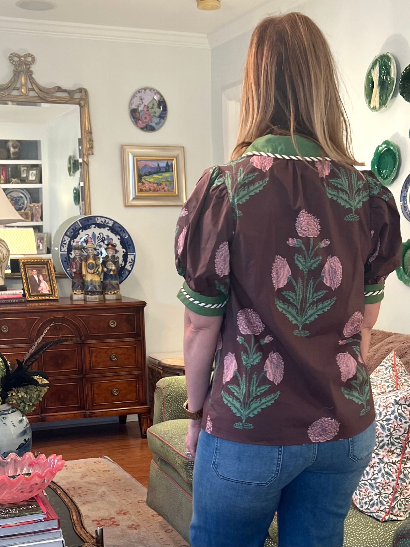 Cecily Floral Top with Trim in Brown