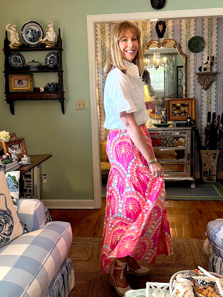 Maria Block Print Maxi Skirt in Pink Palms |  Skirt - Miss Madigan | Women&