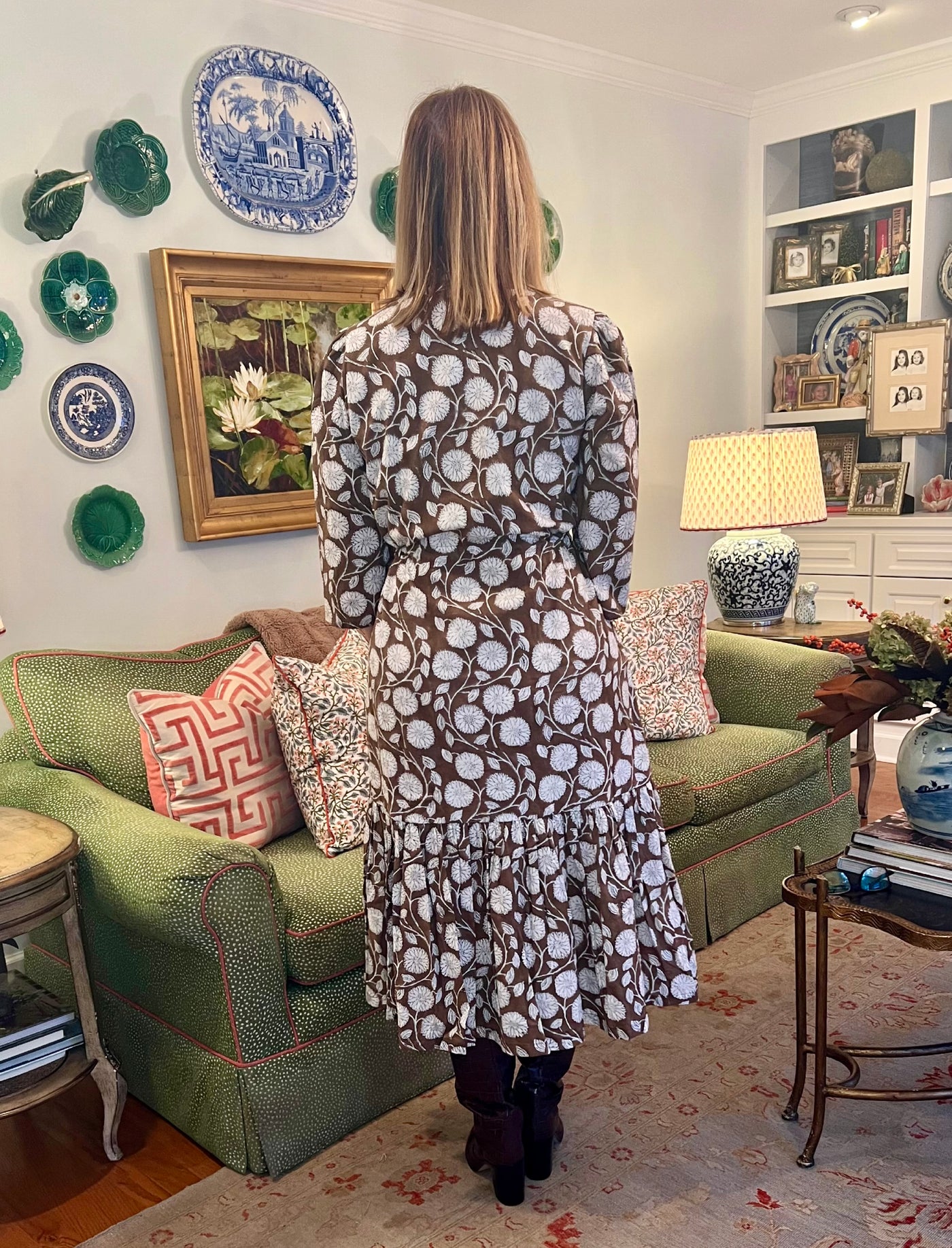 Emory Blockprint Midi Dress in Brown