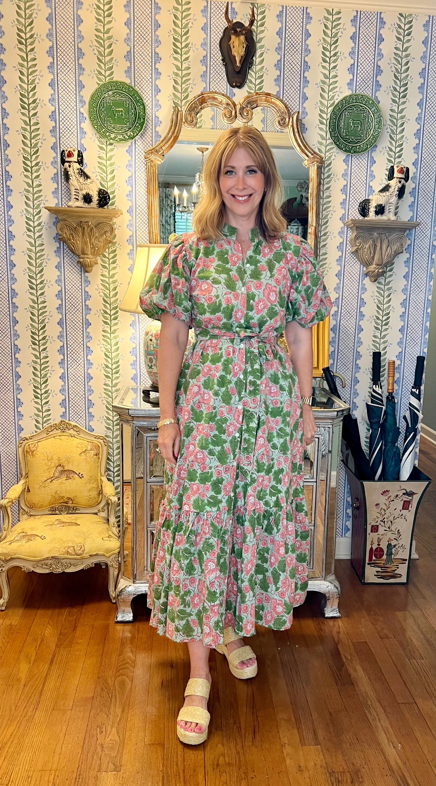 Hinton Floral Block Print Maxi Dress in Geranium