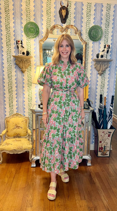 Hinton Floral Block Print Maxi Dress in Geranium