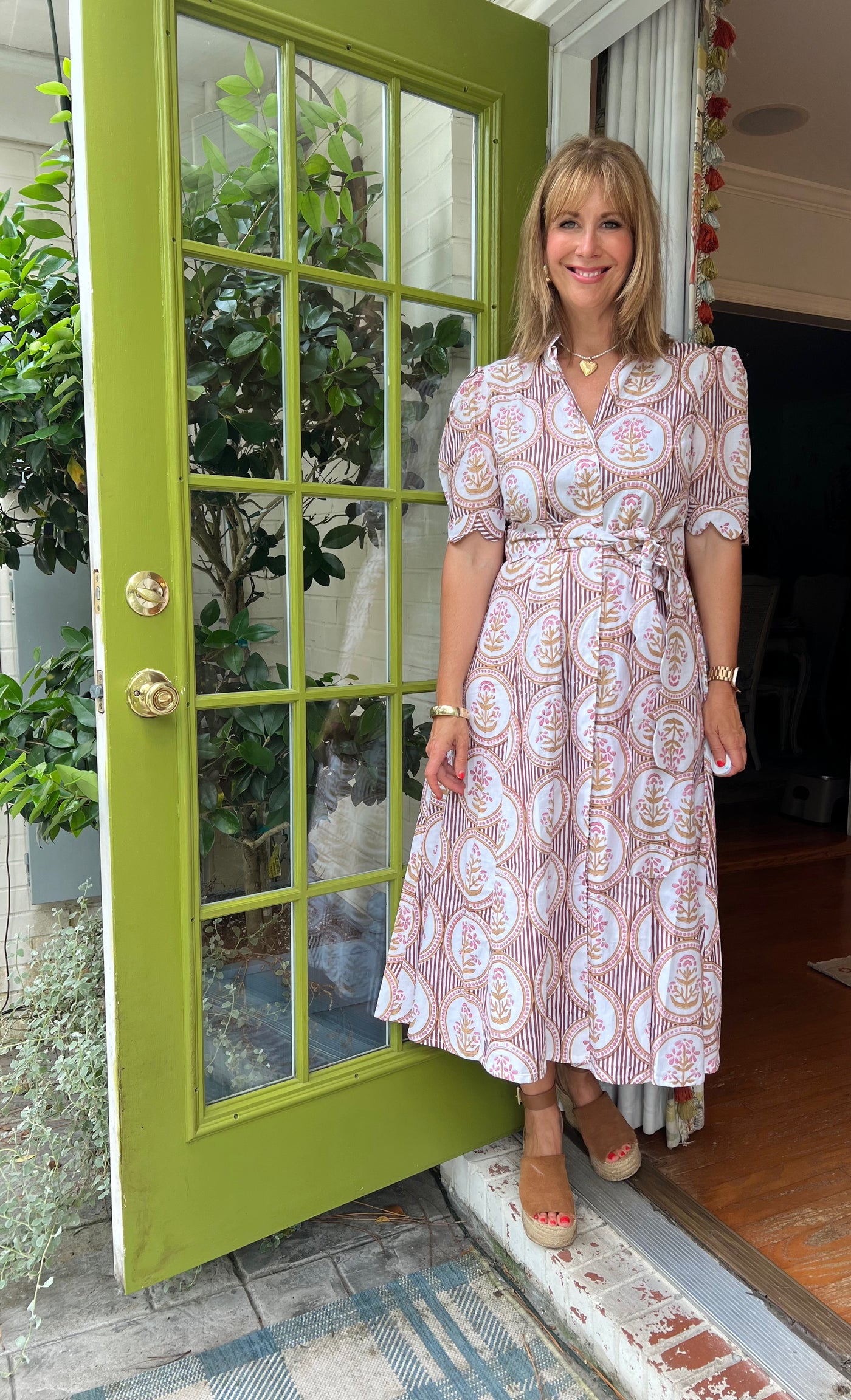 Worth Block Print Scalloped Midi Dress in Brown Floral