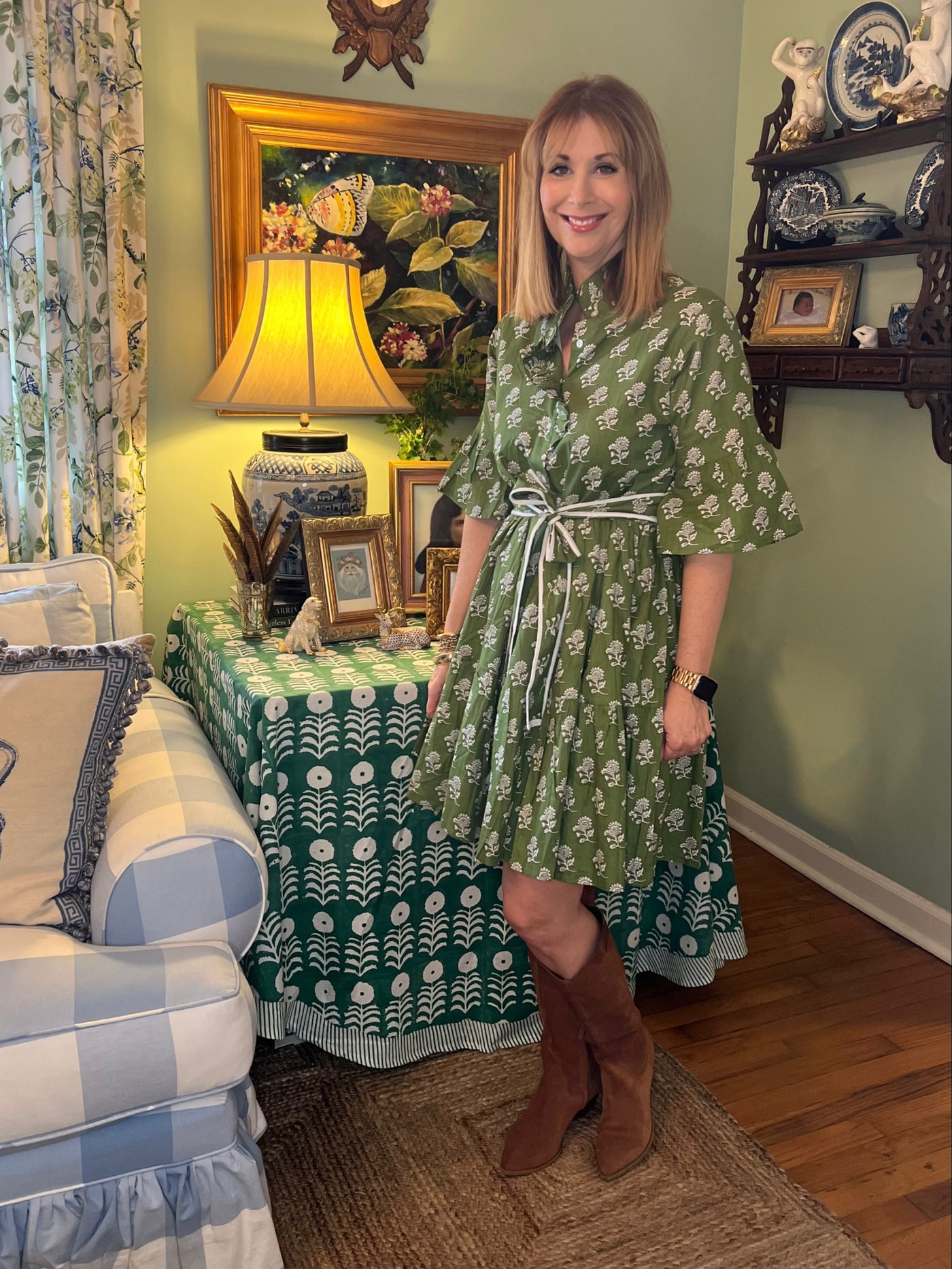 Caroline Ruffled Mini Dress in Green Floral