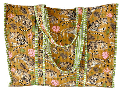 Block Print Tan Tibetan Tiger Quilted Tote
