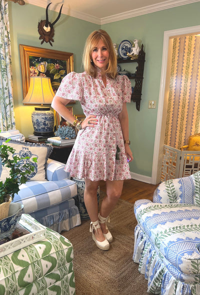 Portofino Block Print Drawstring Mini Dress in Pink Fields