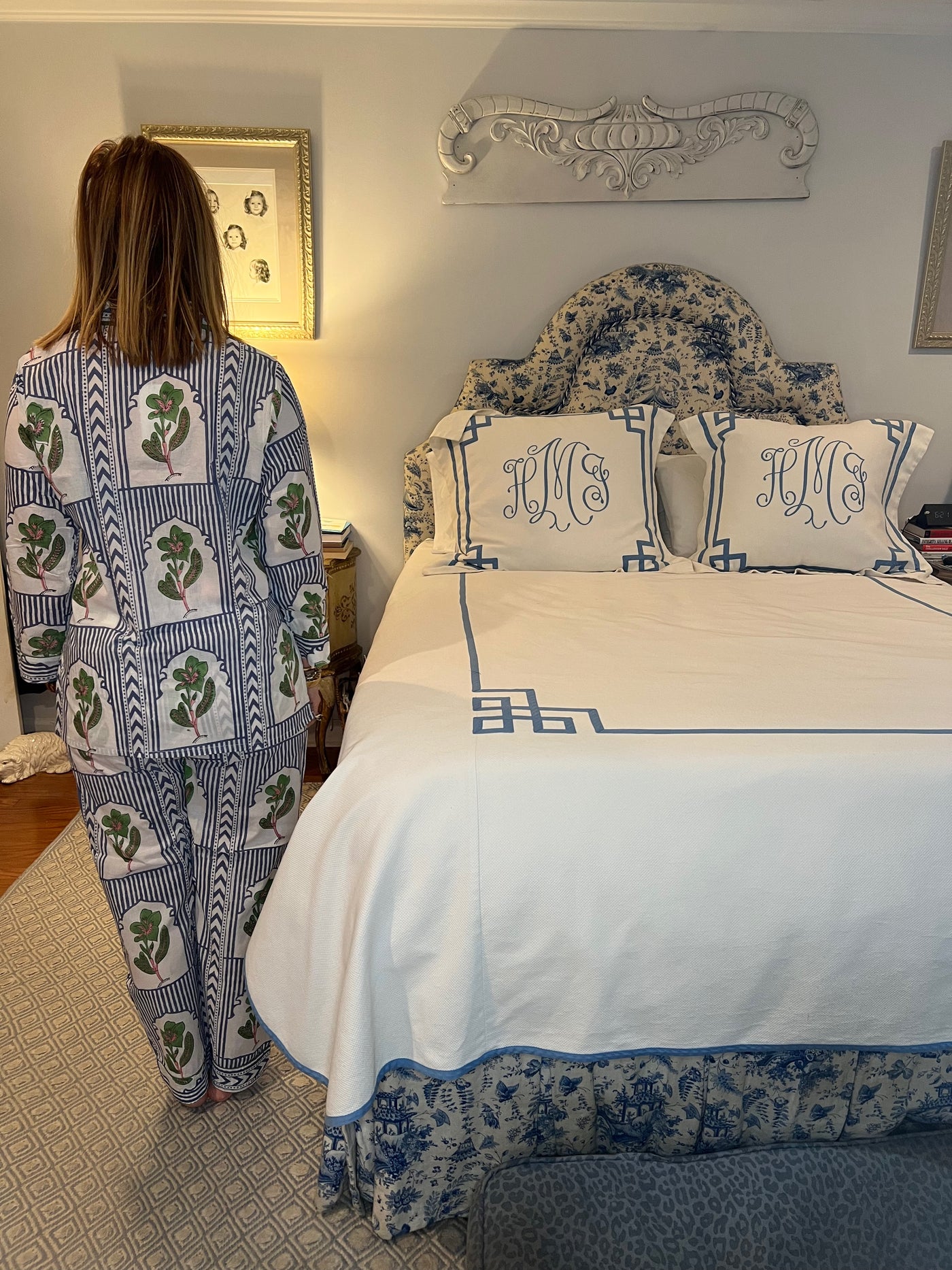 Long Sleeve Scallop Pajama Pant Set in Blue Stripe