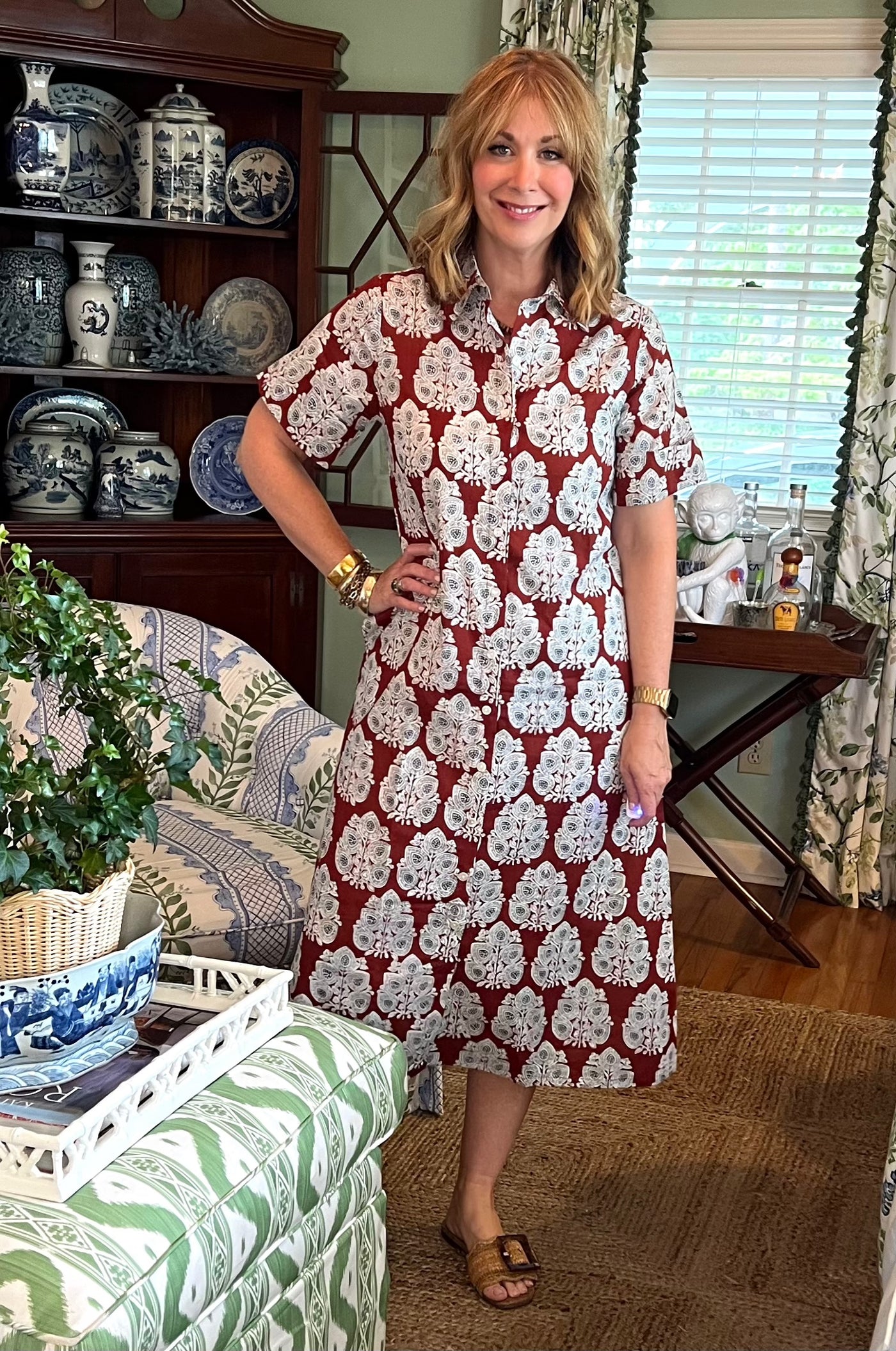 Aerin Block Print Cuffed Midi Dress in Brown