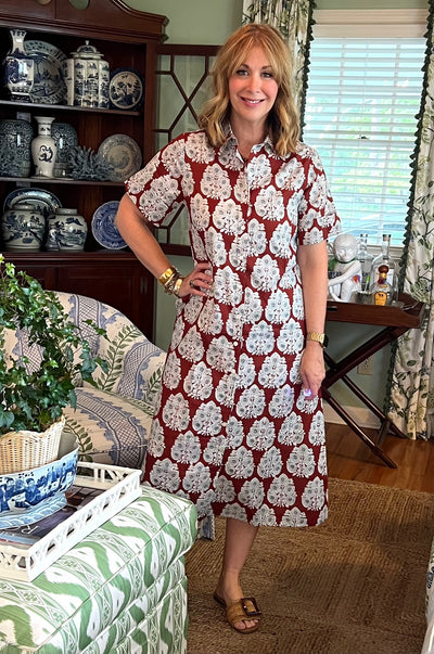 Aerin Block Print Cuffed Midi Dress in Brown
