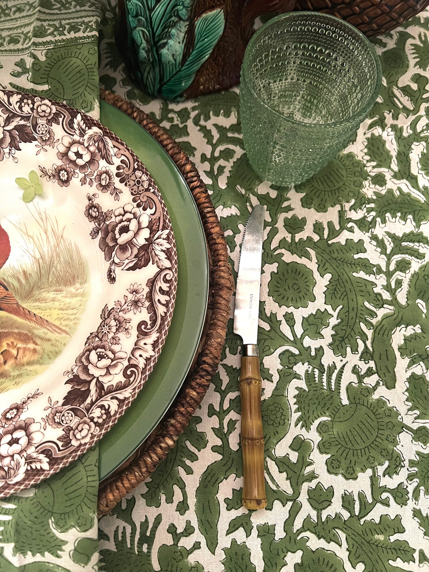 Birds of a Feather Green Bird Block Print Tablecloth