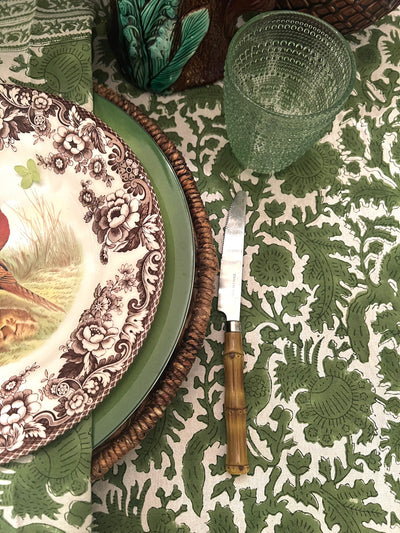 Birds of a Feather Green Bird Block Print Tablecloth
