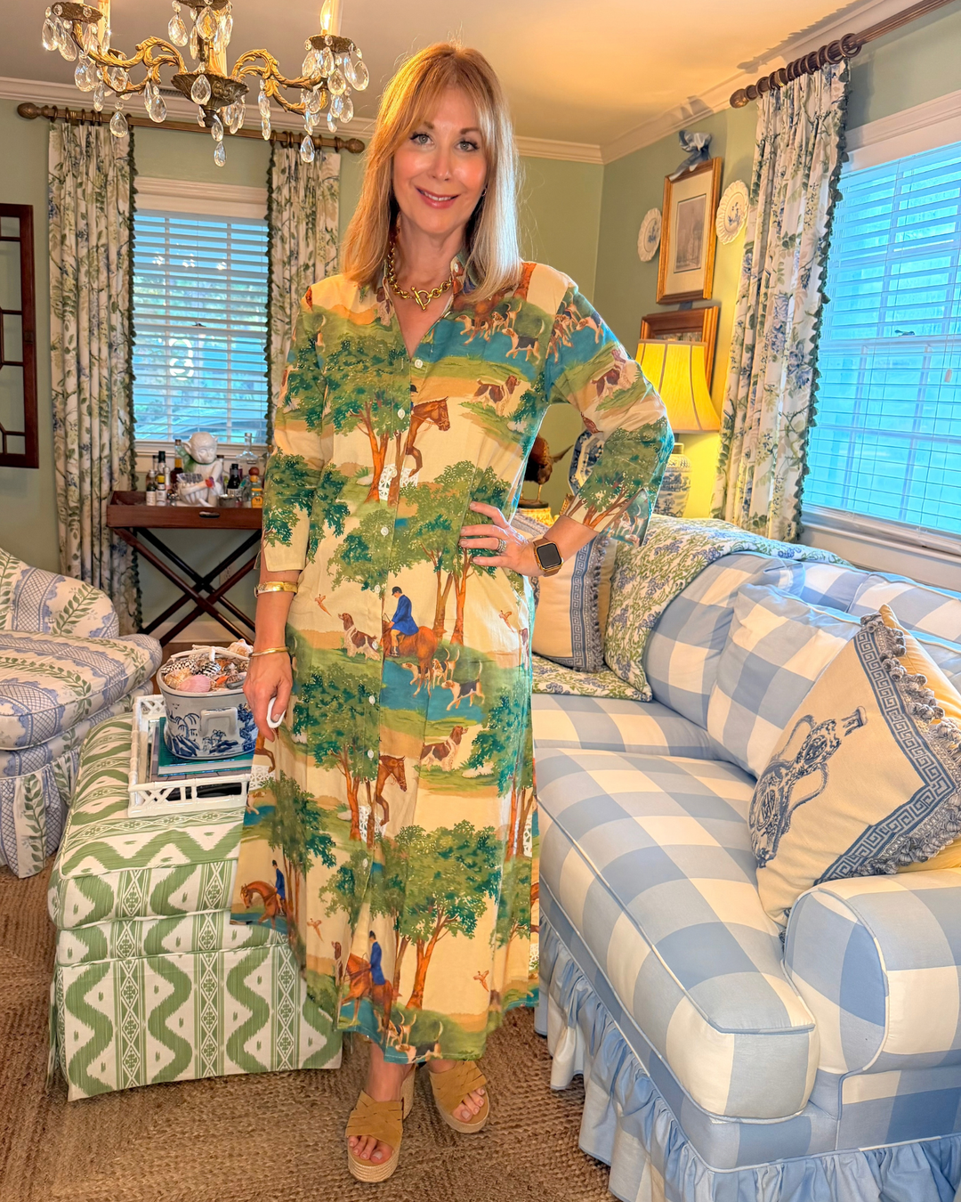 Kensington Block Print Midi Dress in Hunt Club
