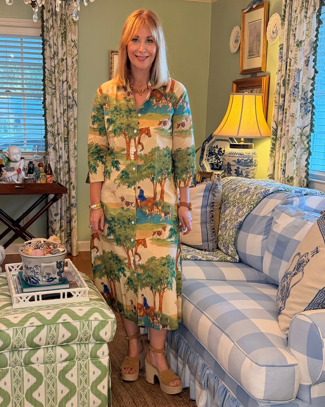 Kensington Block Print Midi Dress in Hunt Club
