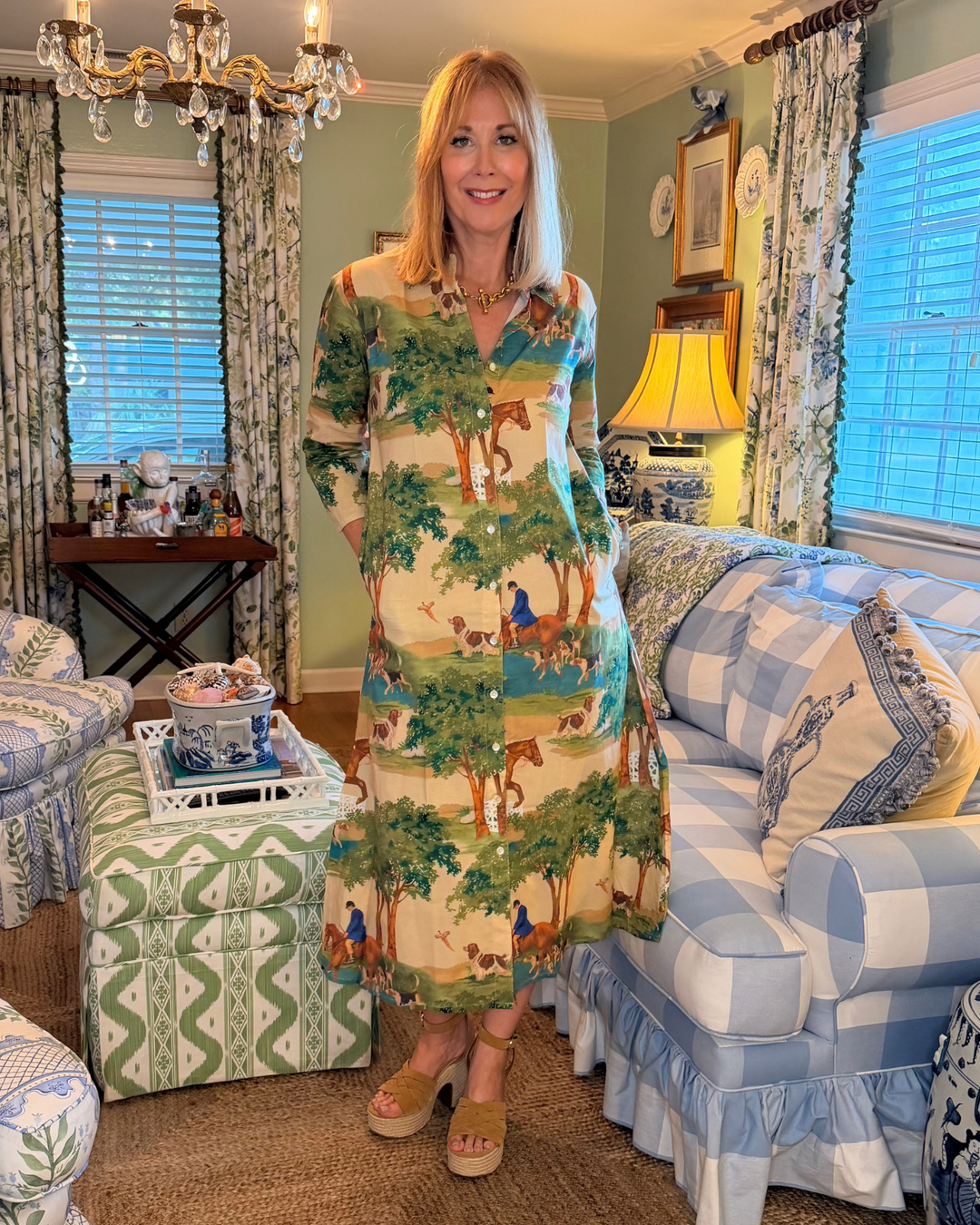 Kensington Block Print Midi Dress in Hunt Club