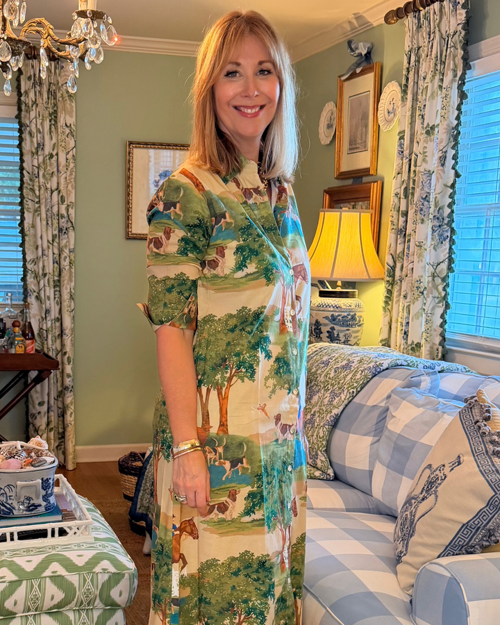 Kensington Block Print Midi Dress in Hunt Club