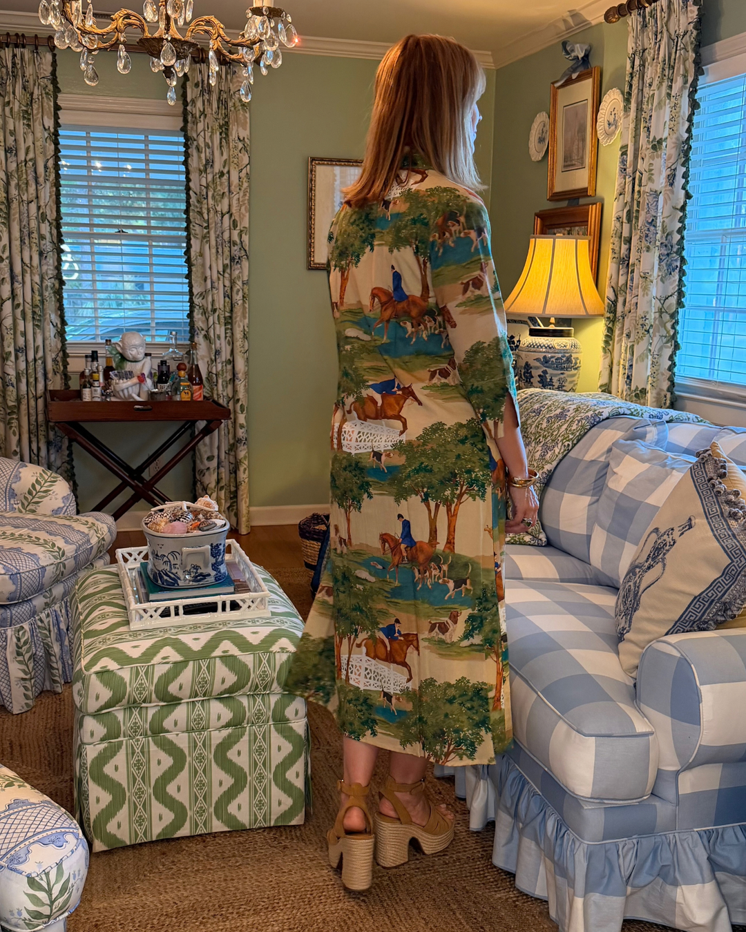 Kensington Block Print Midi Dress in Hunt Club