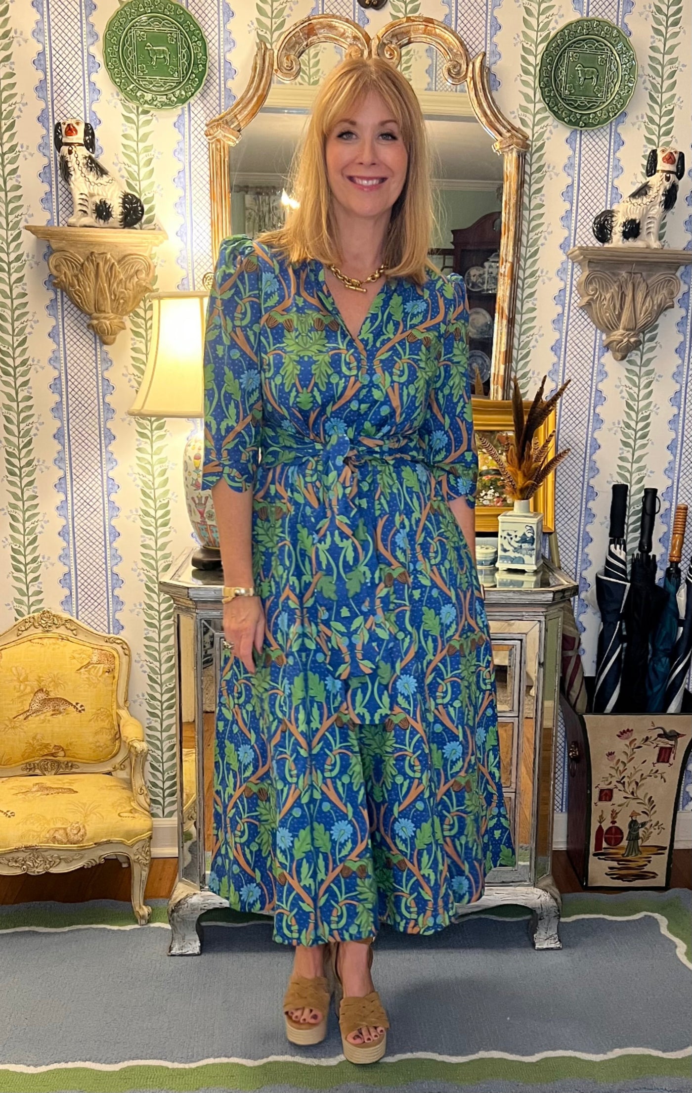 Worth Block Print Scalloped Midi Dress in Blue Harvest