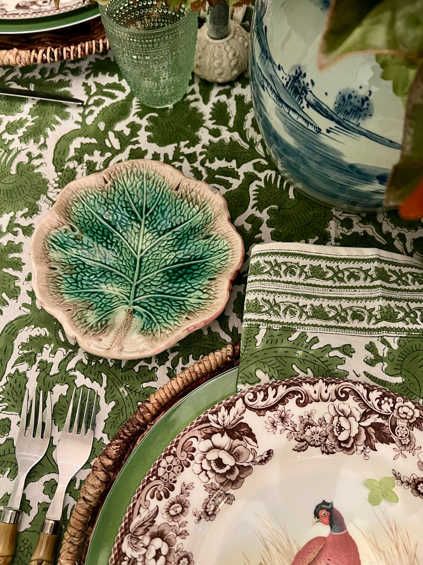 Birds of a Feather Green Bird Block Print Napkin Set