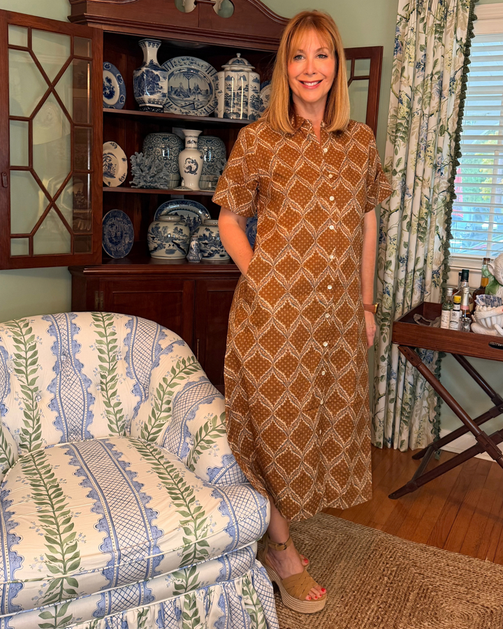 Aerin Block Print Cuffed Midi Dress in Tobacco Star