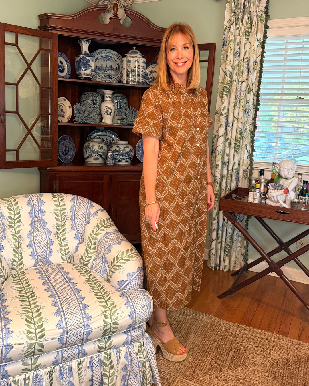 Aerin Block Print Cuffed Midi Dress in Tobacco Star