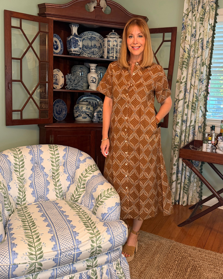 Aerin Block Print Cuffed Midi Dress in Tobacco Star