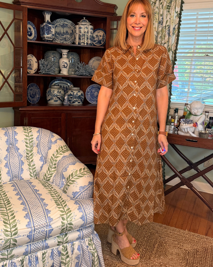 Aerin Block Print Cuffed Midi Dress in Tobacco Star