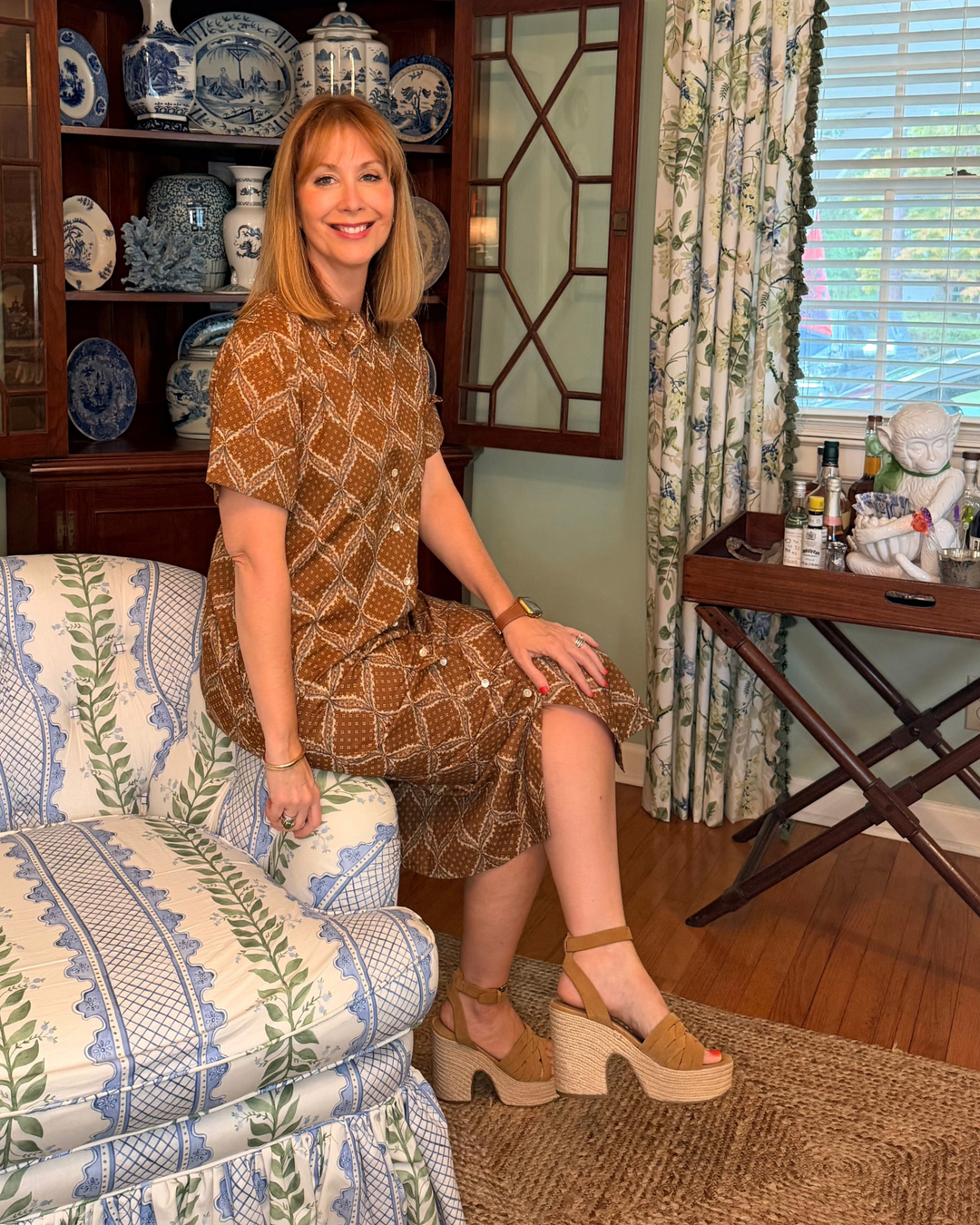 Aerin Block Print Cuffed Midi Dress in Tobacco Star