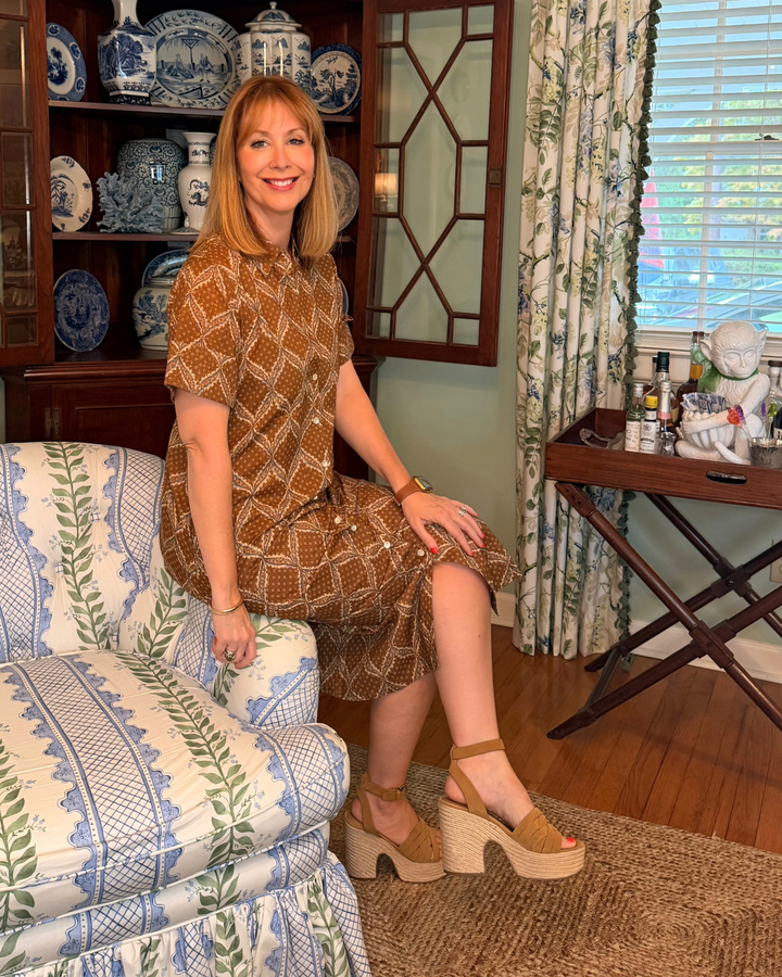Aerin Block Print Cuffed Midi Dress in Tobacco Star