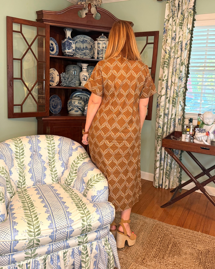 Aerin Block Print Cuffed Midi Dress in Tobacco Star
