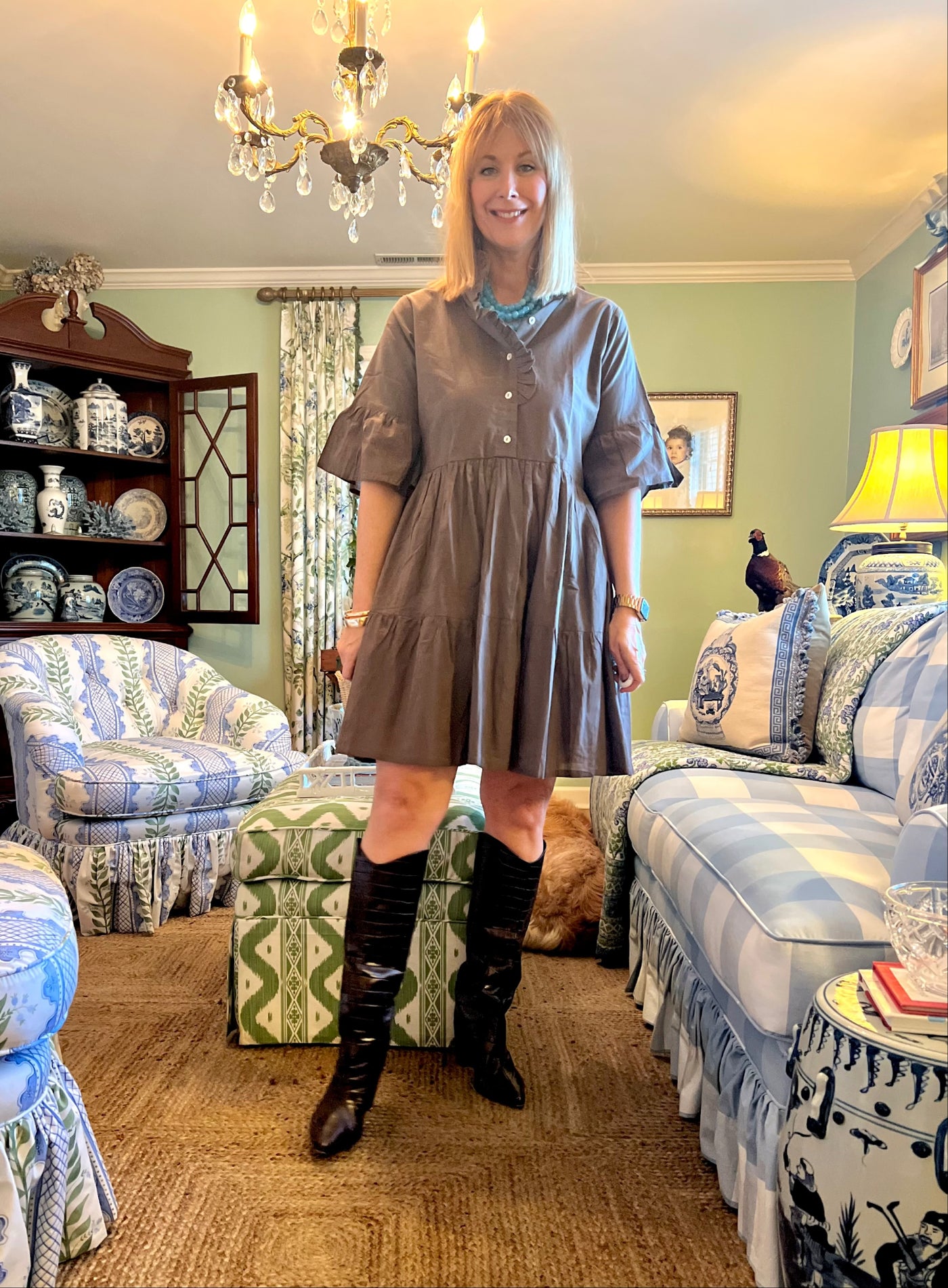 Caroline Ruffled Collar Blockprint Mini Dress in Brown