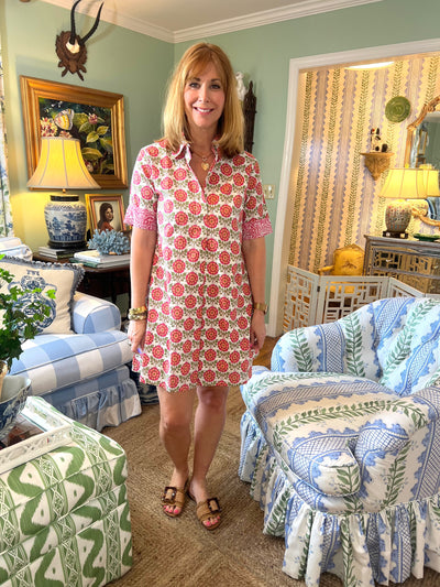 Claudia Collared A-Line Shirt Dress in Pink Geo