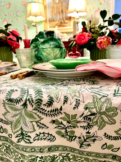 Evergreen Floral Blockprint Tablecloth