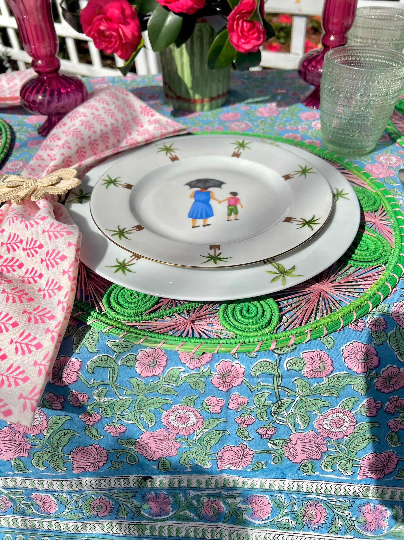 Handwoven Palm Placemats in Pink & Green