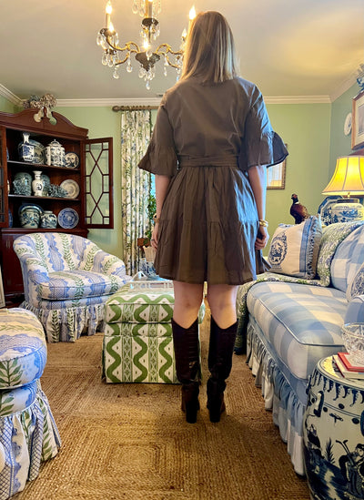 Caroline Ruffled Collar Blockprint Mini Dress in Brown