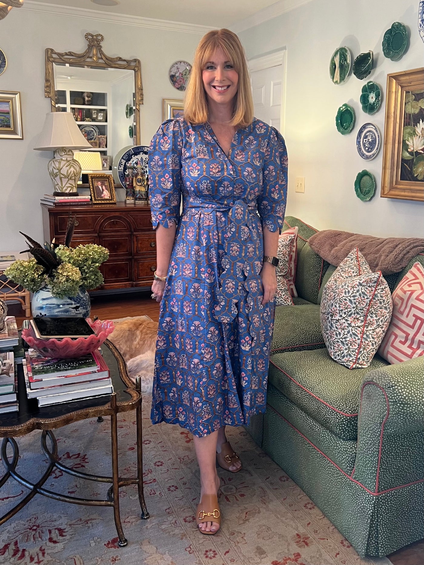Worth Block Print Scalloped Midi Dress in Blue Chinoiserie