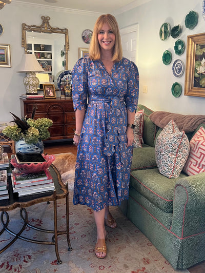 Worth Block Print Scalloped Midi Dress in Blue Chinoiserie