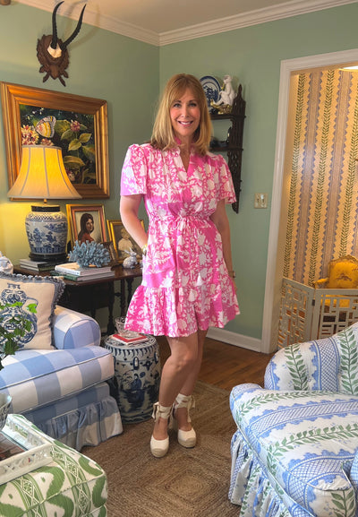 Portofino Block Print Drawstring Mini Dress in Pink