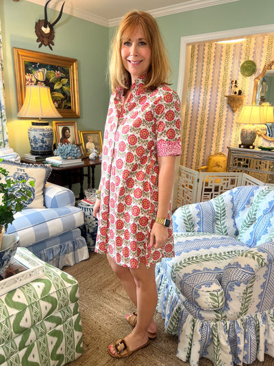 Claudia Collared A-Line Shirt Dress in Pink Geo