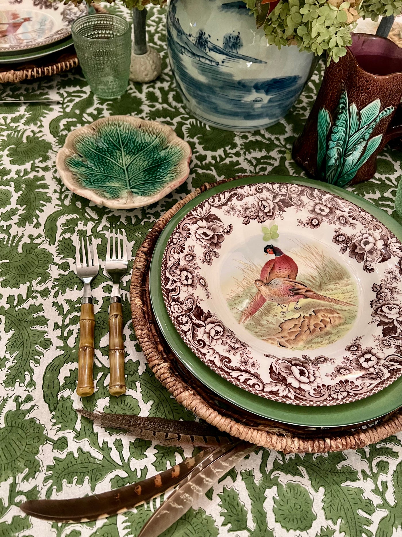 Birds of a Feather Green Bird Block Print Tablecloth