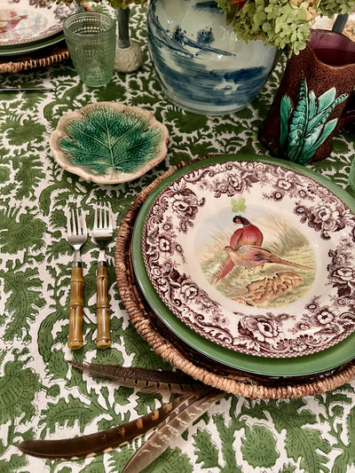 Birds of a Feather Green Bird Block Print Tablecloth