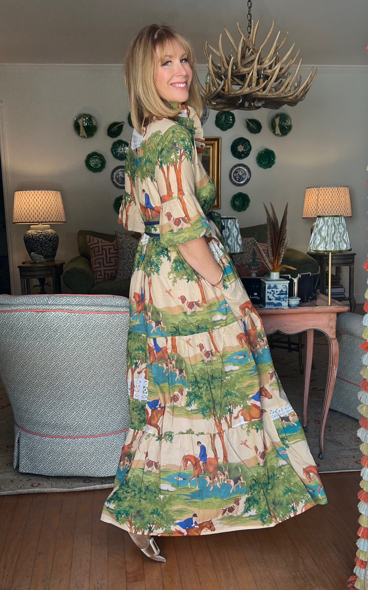 Caroline Ruffled Collar Blockprint Maxi Dress in Hunt Club