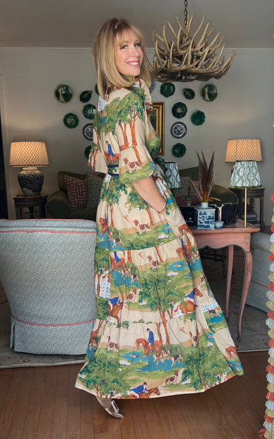 Caroline Ruffled Collar Blockprint Maxi Dress in Hunt Club