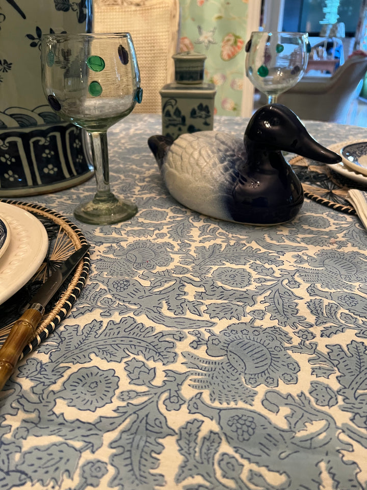 Birds of a Feather Block Print Tablecloth in Light Blue |  Tablecloth - Miss Madigan | Women&
