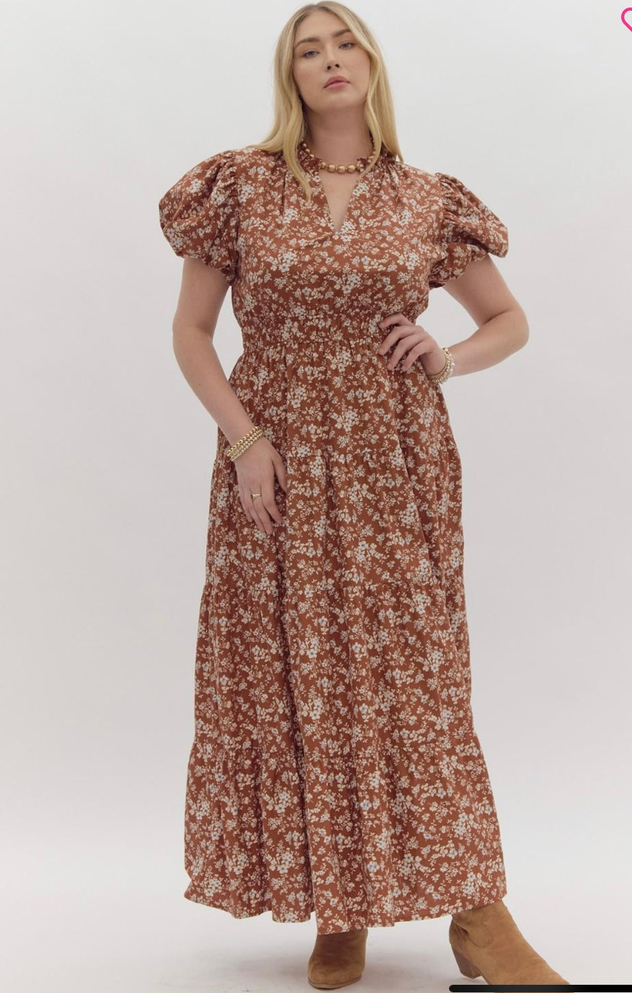 Sarah Floral Midi Dress in Brown