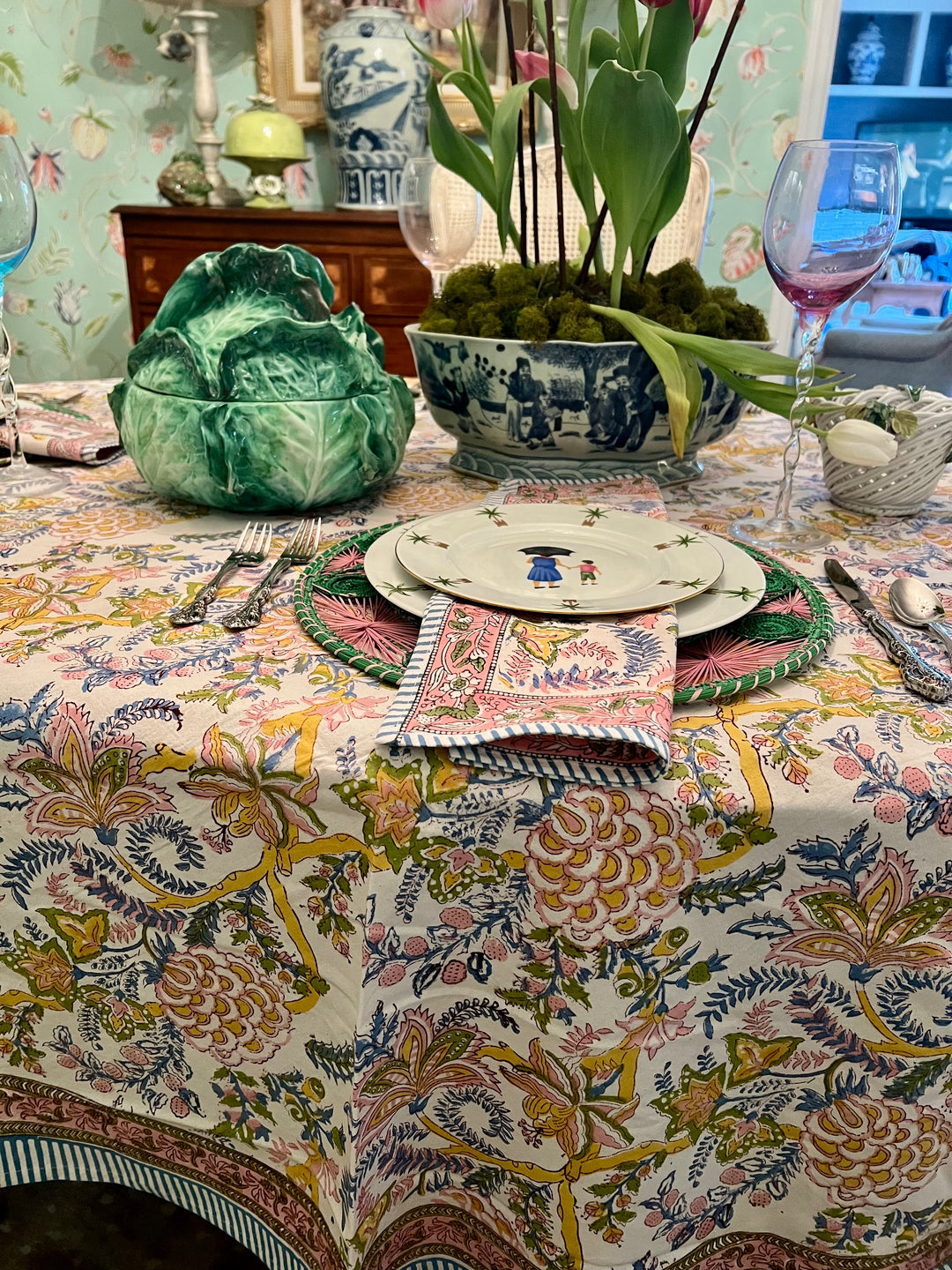 Garden Party Block Print Tablecloth in Pastel |  Tablecloth - Miss Madigan | Women&